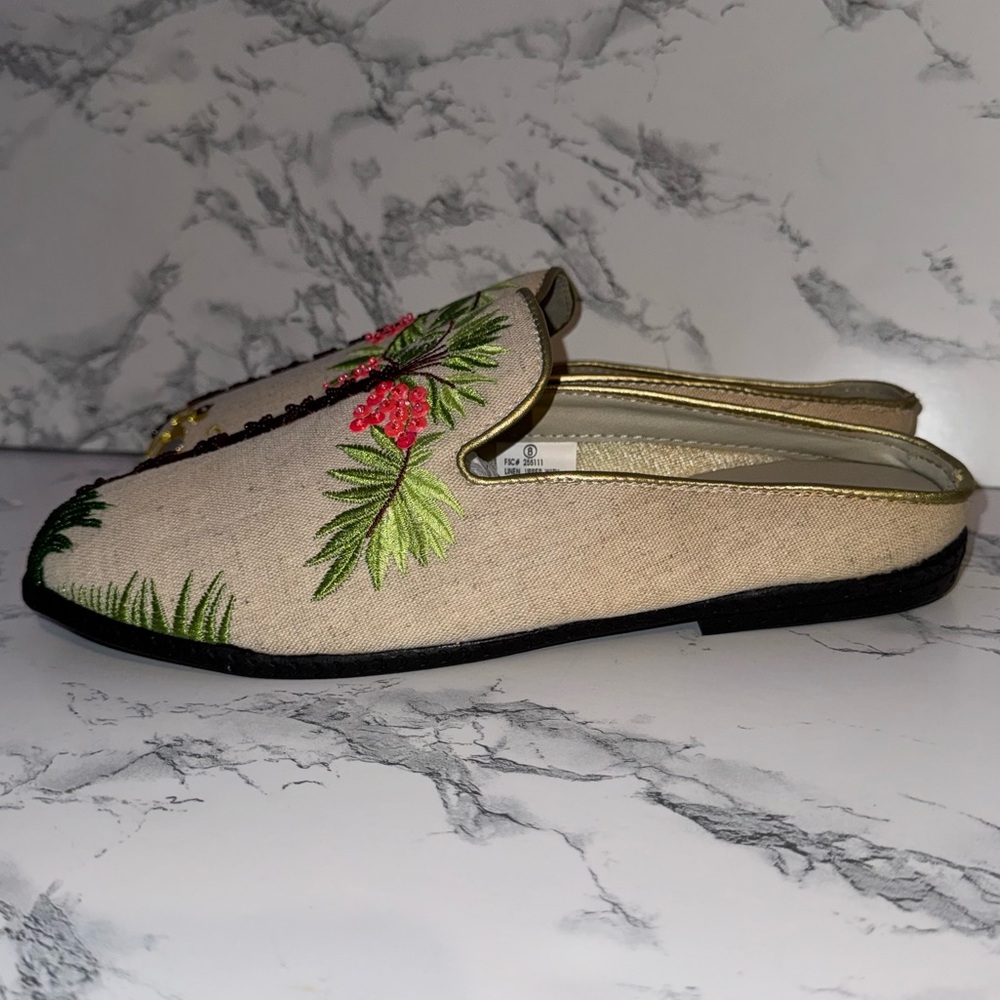 Vintage Avon Embroidered & Beaded Tropical Palm Tree and Monkey Mules/Slides - Picture 6 of 9